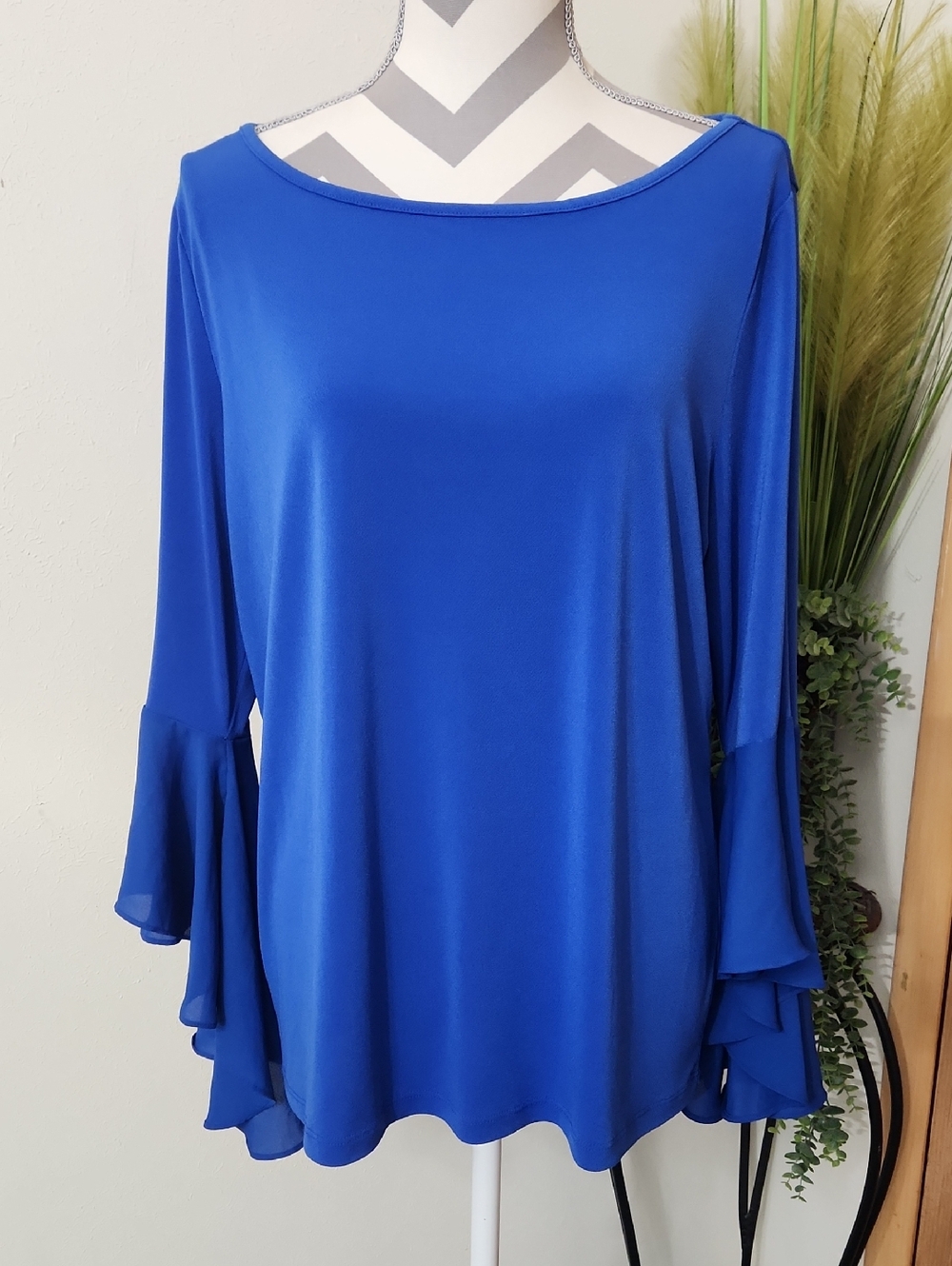 Carmen Flowy Royal Blue Bell-Sleeve Blouse Top